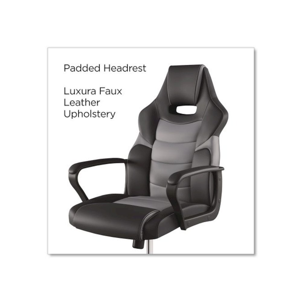 Vector Luxura Faux Leather Gaming Chair, Supports Up to 275 lbs, Black/Gray Seat, Black/Gray Back, Black Base. Picture 2