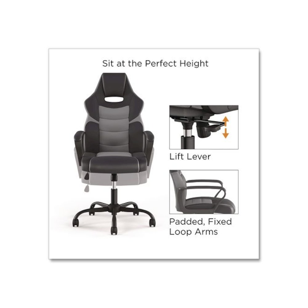 Vector Luxura Faux Leather Gaming Chair, Supports Up to 275 lbs, Black/Gray Seat, Black/Gray Back, Black Base. Picture 5