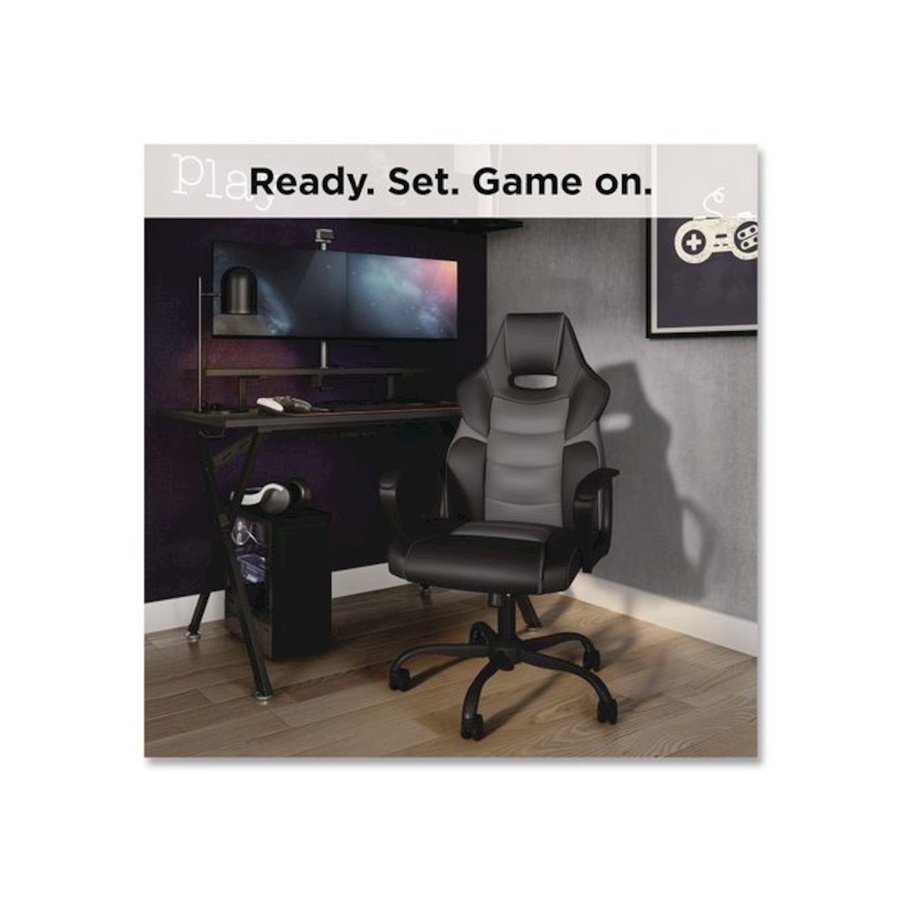 Vector Luxura Faux Leather Gaming Chair, Supports Up to 275 lbs, Black/Gray Seat, Black/Gray Back, Black Base. Picture 6