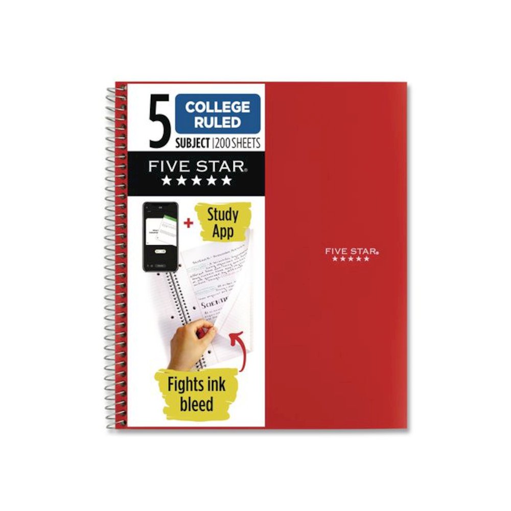 Wirebound Notebook, 5-Subject, Medium/College Rule, Fire Red Cover, (200) 11 x 8.5 Sheets. Picture 1
