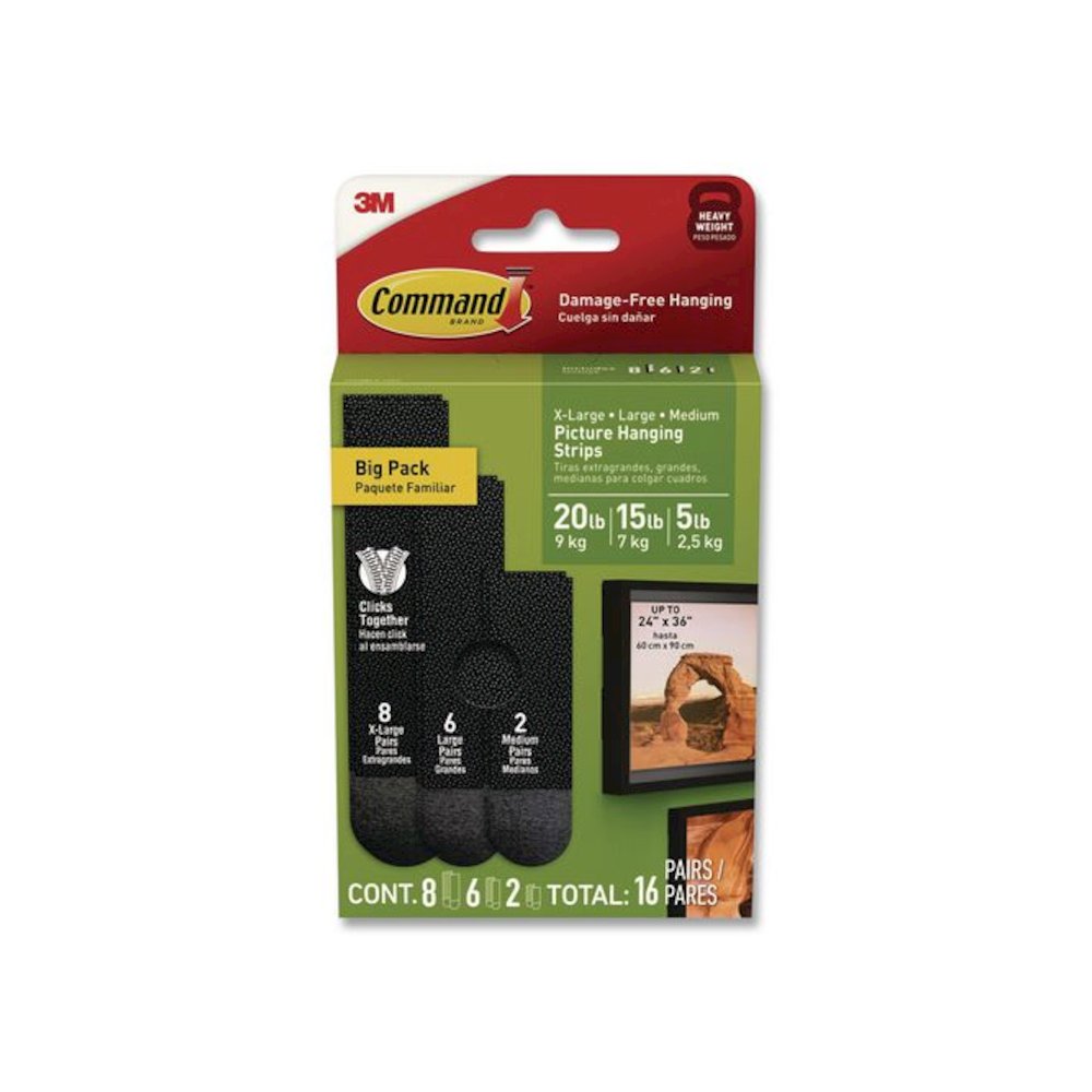 Damage-Free Hanging Picture Hanging Strip Pairs, (8) XL (0.86 x 4.37), (6) L (0.75" x 3.65"), (2) Med (0.75 x 2.75), Black. Picture 1