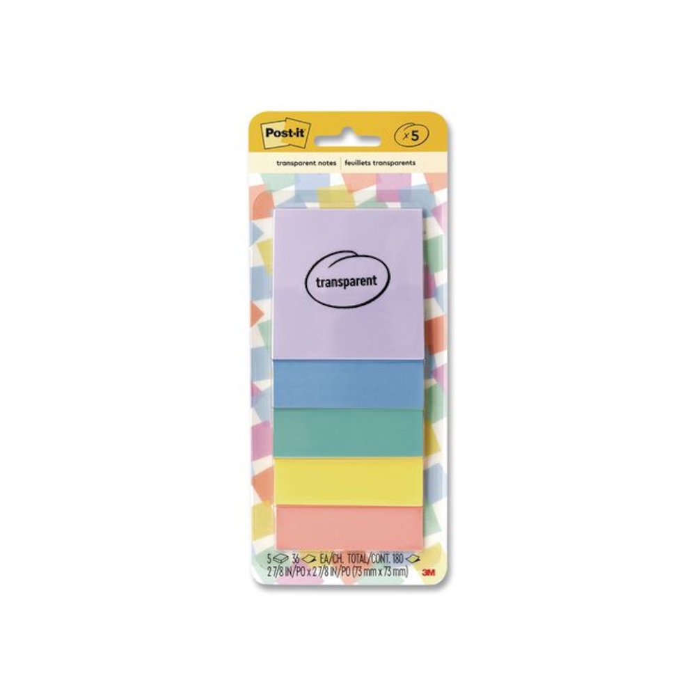 Transparent Notes, 2.88" x 2.88", Assorted Pastel Colors, 36 Sheets/Pad, 5 Pads/Pack. Picture 1