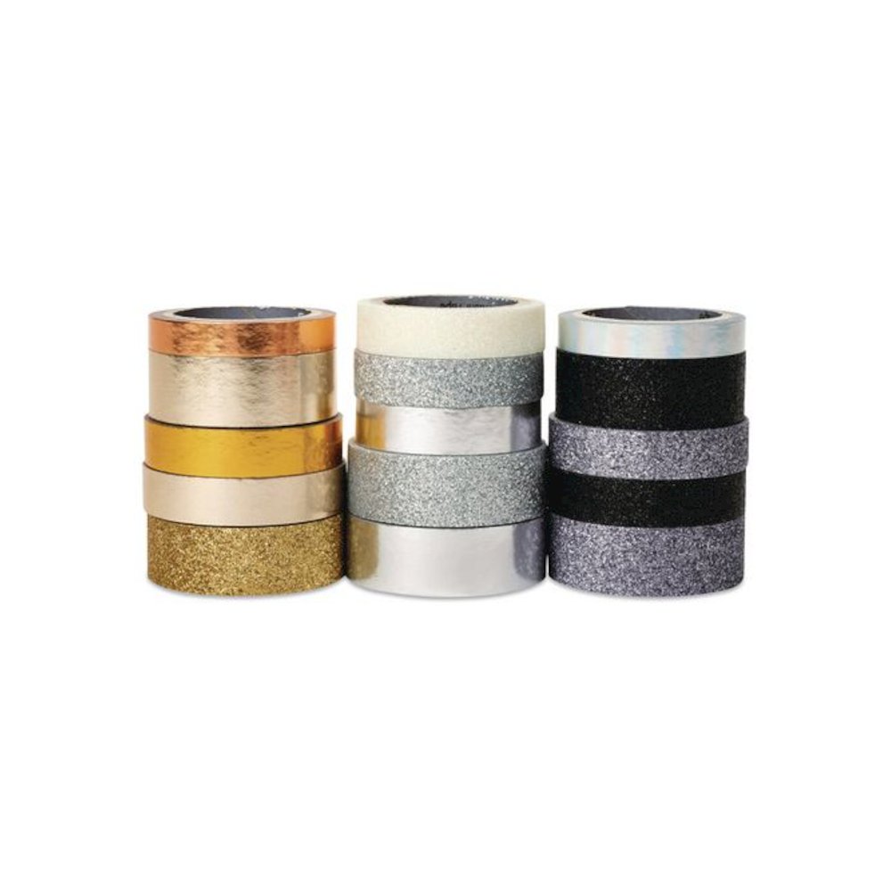 Washi Glitter Metallic Tape, Black/Gold/Silver, Assorted Sizes/Colors/Finishes, 15 Rolls/Pack. Picture 3