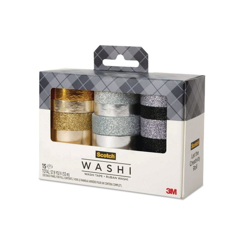 Washi Glitter Metallic Tape, Black/Gold/Silver, Assorted Sizes/Colors/Finishes, 15 Rolls/Pack. Picture 4
