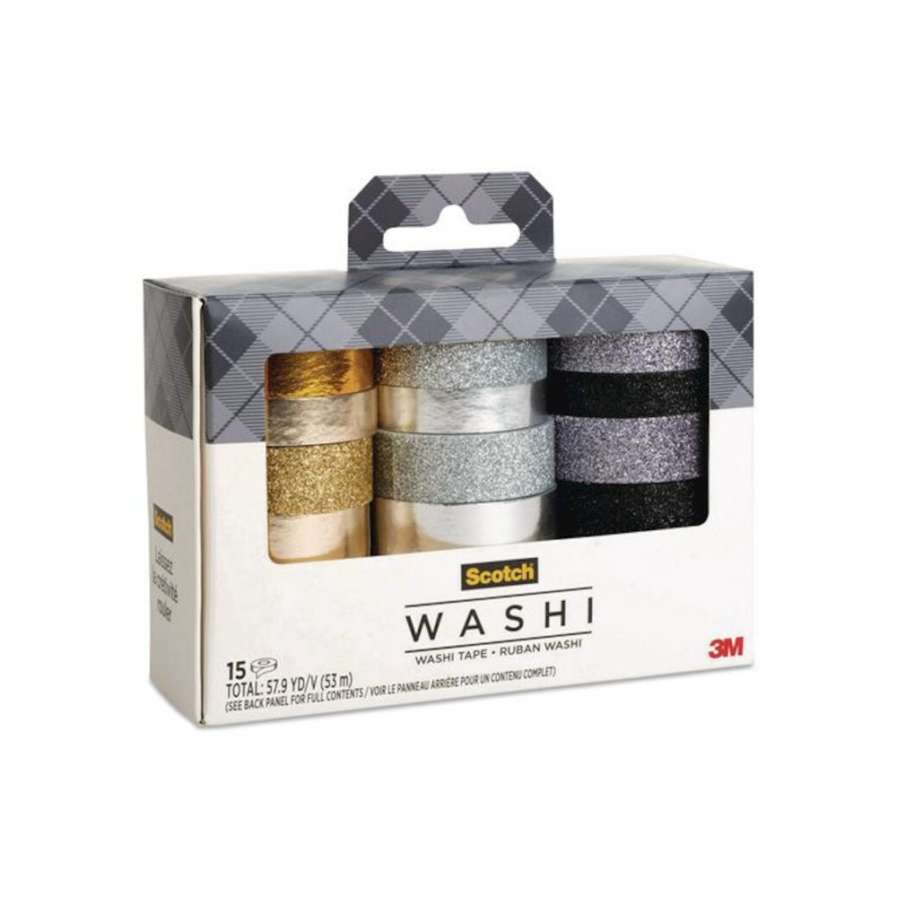 Washi Glitter Metallic Tape, Black/Gold/Silver, Assorted Sizes/Colors/Finishes, 15 Rolls/Pack. Picture 5
