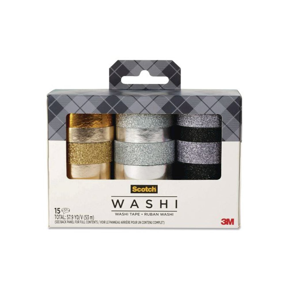 Washi Glitter Metallic Tape, Black/Gold/Silver, Assorted Sizes/Colors/Finishes, 15 Rolls/Pack. Picture 1