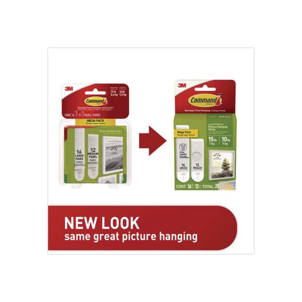 Damage-Free Hanging Picture Hanging Strip Pairs, (16) Large (0.75" x 3.65"), (12) Medium (0.63" x 2.75"), White, 28/Pack. Picture 6