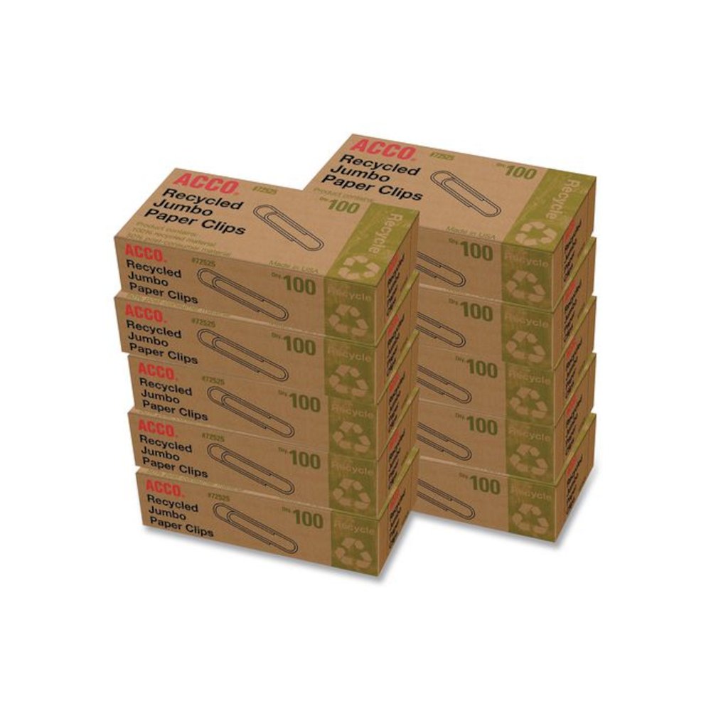 Recycled Paper Clips, Jumbo, Smooth, Silver, 100 Clips/Box, 10 Boxes/Pack. Picture 1