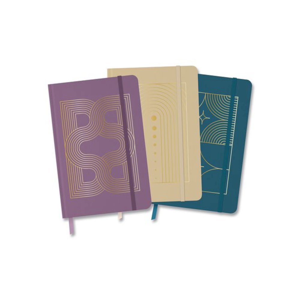 Hardcover Journal, (3) Elegant Geo Gold-Foil Patterns, Medium/College Rule, Assorted Colors, (64) 8.25 x 5.5 Sheets, 3/Pack. Picture 1