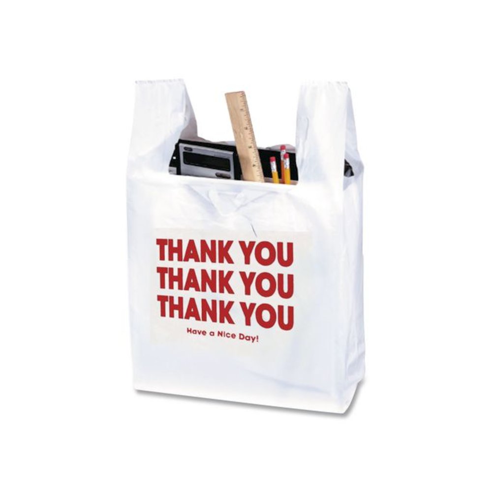 Plastic Shopping Bags, "Thank You - Have a Nice Day", Cut-Out Handles, 22 x 11.5 x 6, White/Red, 250/Box. Picture 4