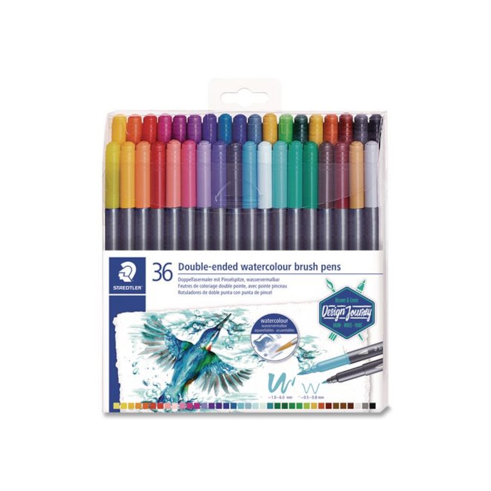Double-Ended Watercolor Brush Pens, Fine (0.5 to 0.8 mm) and Medium (0.6 to 1 mm) Brush Tips, Assorted Colors, 36/Set. Picture 1