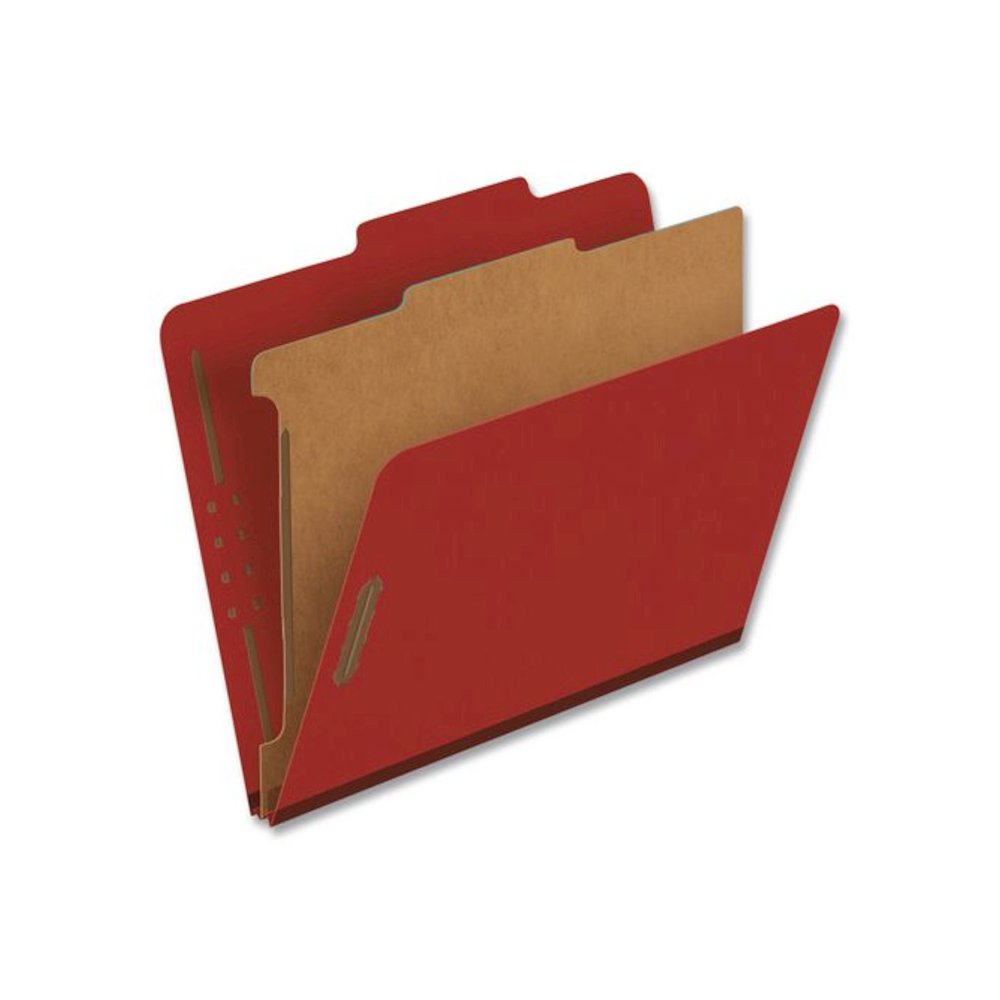 Pressboard Top Tab Classification Folders, 2/5-Cut Tab, Expands 2.5", 2 Dividers, 6 Fasteners, Letter Size, Bright Red, 10/BX. Picture 2