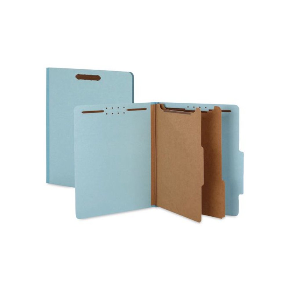 Pressboard Top Tab Classification Folders, 2/5-Cut Tab, Expands 1.75", 1 Divider, 4 Fasteners, Legal Size, Light Blue, 10/Box. Picture 3