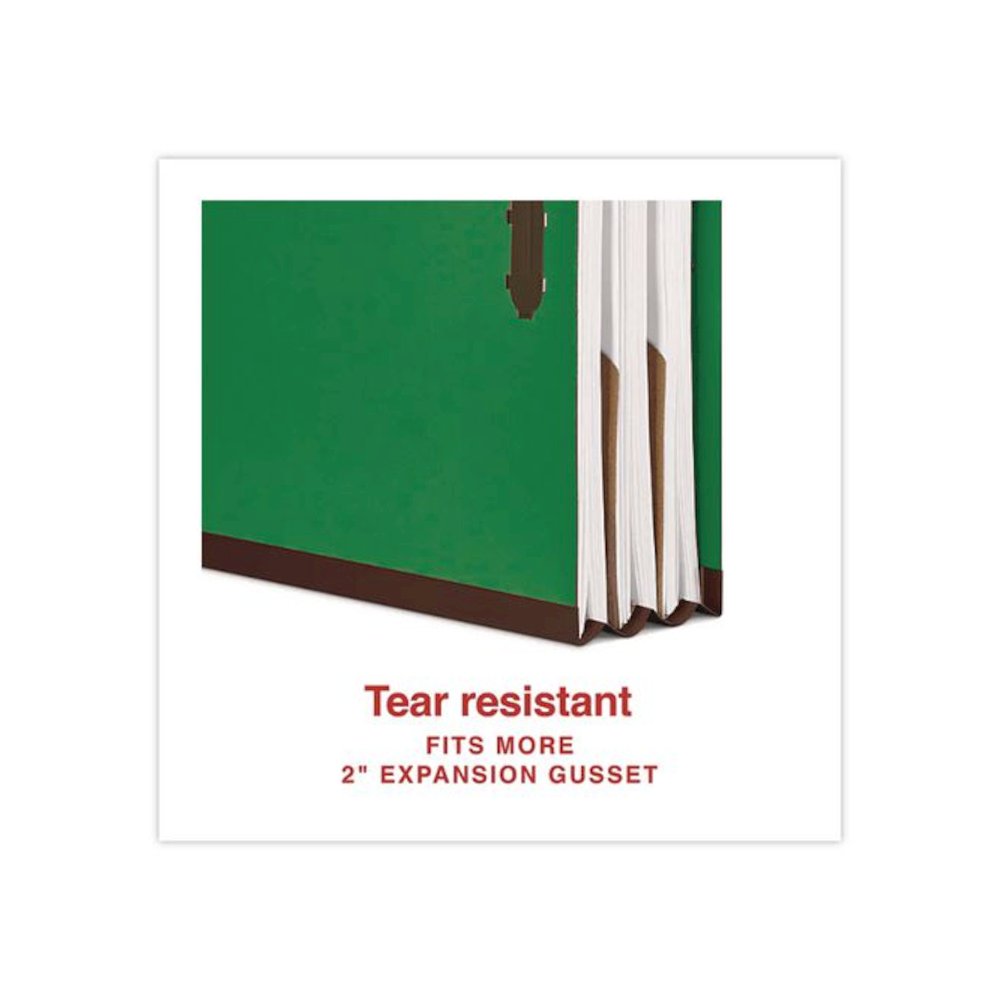 Pressboard Classification Folders, 2/5 Tab, Expands 2.5", 2 Full-Pocket Dividers, 6 Fasteners, Legal Size, Dark Green, 10/Box. Picture 3