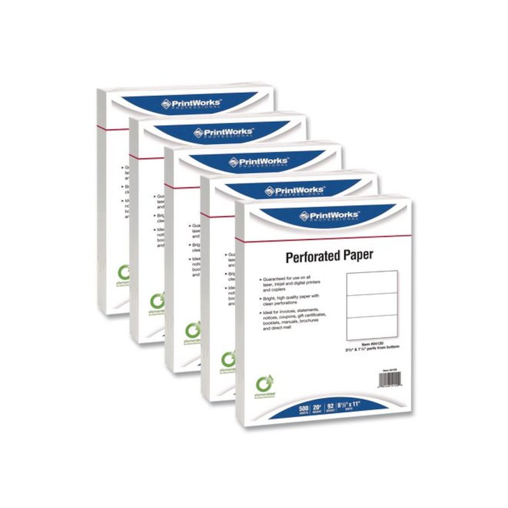 Perforated Paper, 3.66" and 7.33" from Bottom, 92 Bright, 20 lb Bond Weight, 8.5 x 11, White, 500/Ream, 5 Reams/Carton. Picture 1