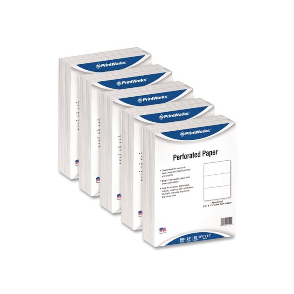 Perforated Paper, 3.66" and 7.33" from Bottom, 92 Bright, 24 lb Bond Weight, 8.5 x 11, White, 500/Ream, 5 Reams/Carton. Picture 1