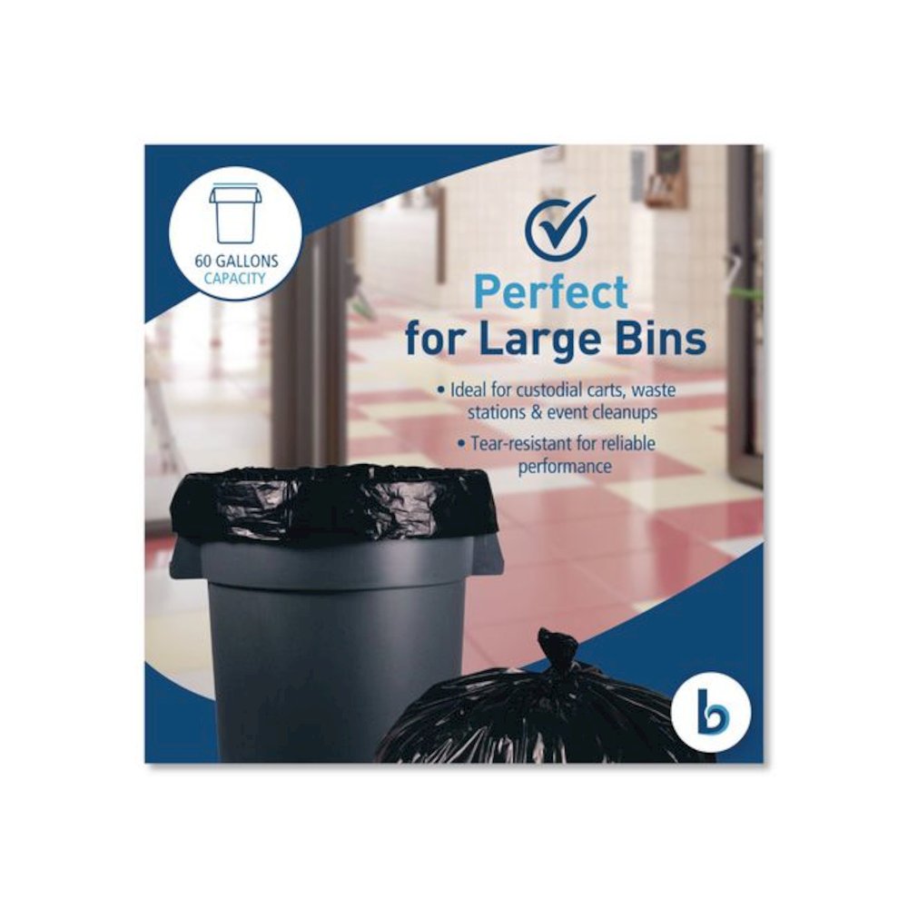 Reprocessed Resin Can Liners, 60 gal, 1.2 mil, 38 x 58, Black, 50 Bags/Carton. Picture 4