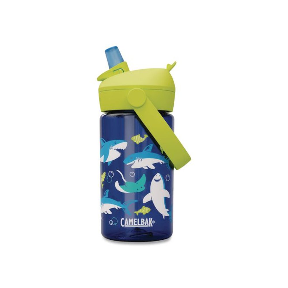 Thrive FlipStraw Plastic Water Bottle, 14 oz, Sharks and Rays Design, Blue/Yellow. Picture 2