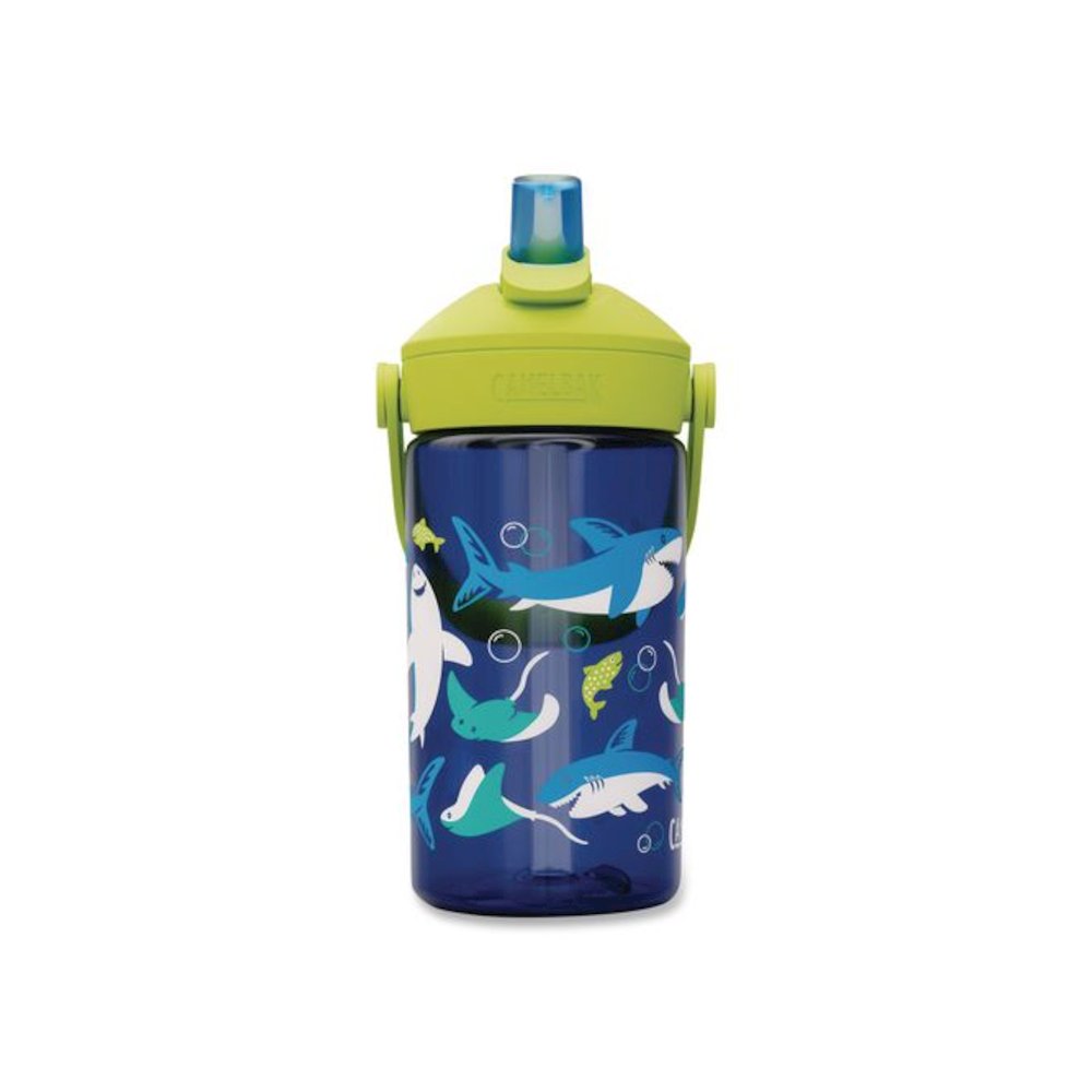 Thrive FlipStraw Plastic Water Bottle, 14 oz, Sharks and Rays Design, Blue/Yellow. Picture 3