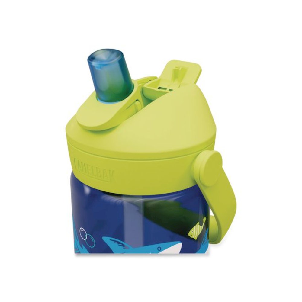 Thrive FlipStraw Plastic Water Bottle, 14 oz, Sharks and Rays Design, Blue/Yellow. Picture 4