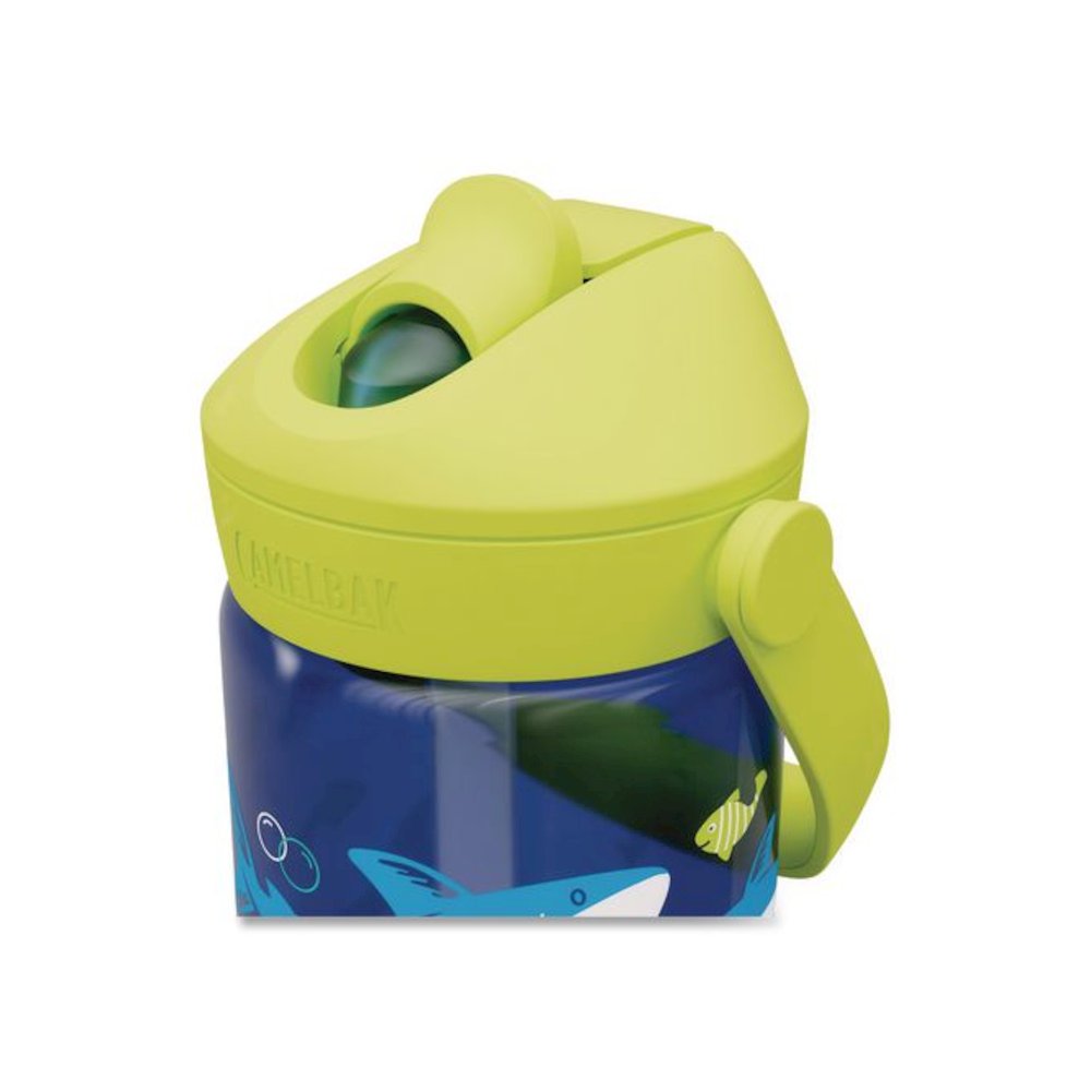 Thrive FlipStraw Plastic Water Bottle, 14 oz, Sharks and Rays Design, Blue/Yellow. Picture 5