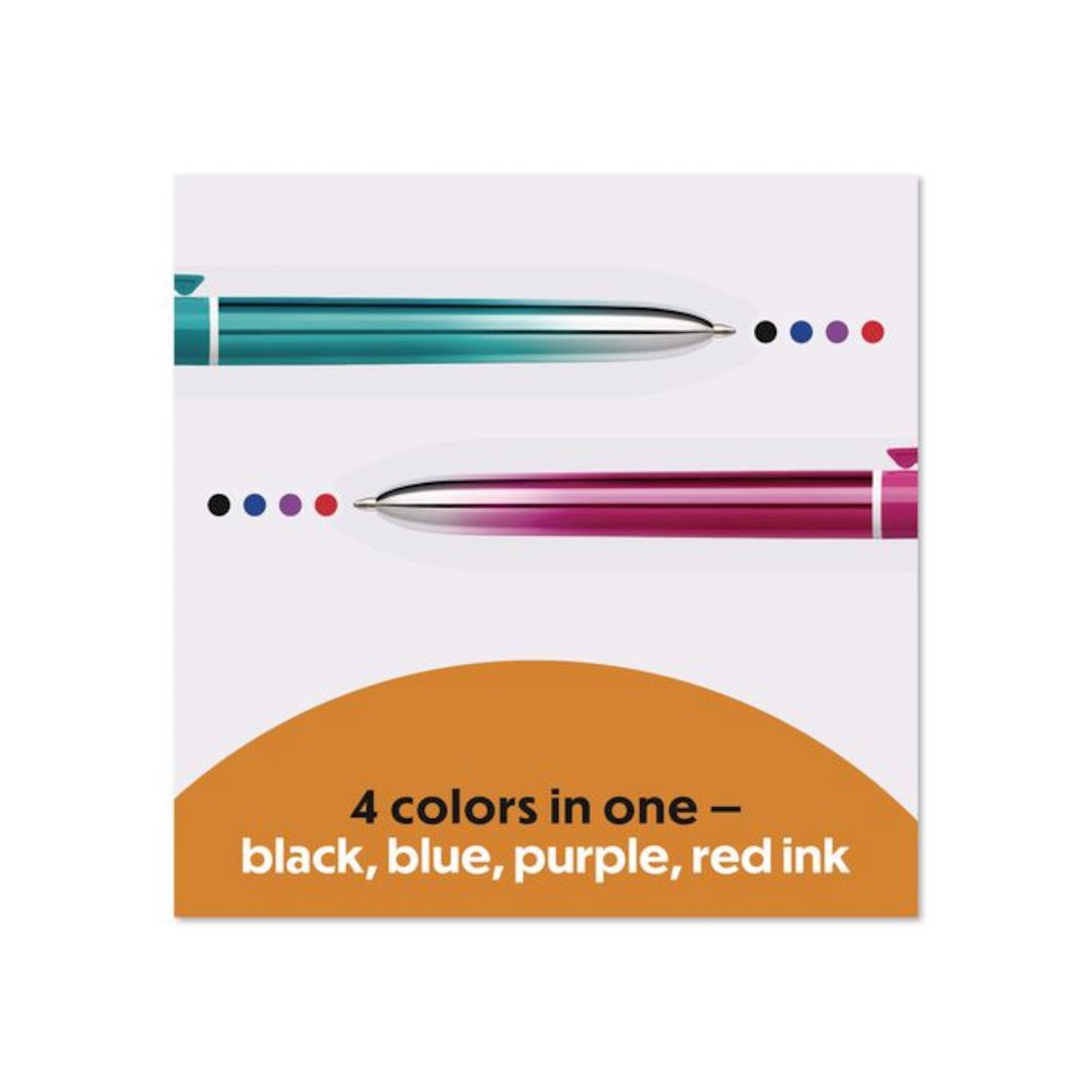 4-Color Smooth Multi-Color Ballpoint Pen, Retractable, Medium 1mm, Black/Blue/Purple/Red Ink, Assorted Barrel Colors, 12/Pack. Picture 2