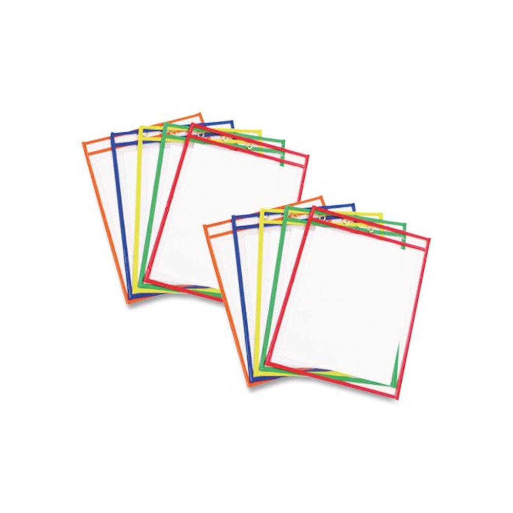 Reusable Dry Erase Pockets, Super Heavy-Duty, Top Load 9 x 12 Insert, Clear Front, Assorted Border Colors, 10/Pack. Picture 1