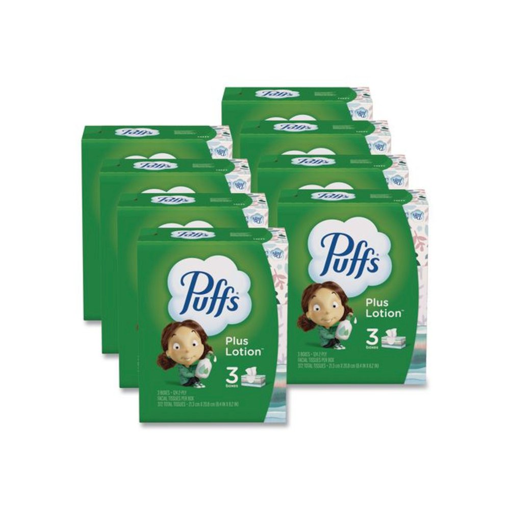 Plus Lotion Facial Tissue, 2-Ply, White, 124 Sheets/Box, 3 Box/Pack, 8 Packs/Carton. Picture 1