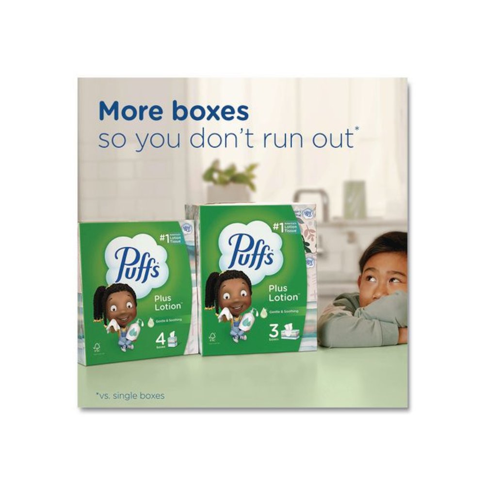 Plus Lotion Facial Tissue, 2-Ply, White, 124 Sheets/Box, 3 Box/Pack, 8 Packs/Carton. Picture 6