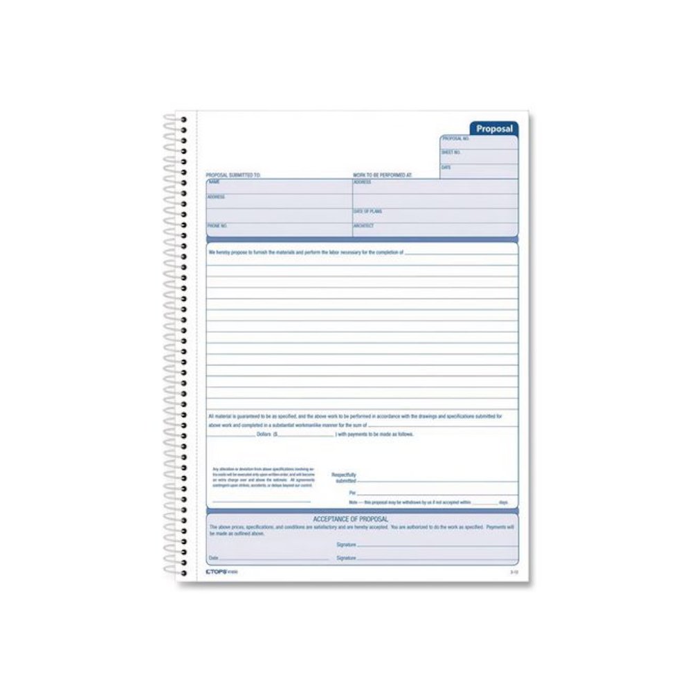 Spiralbound Proposal Form Book, Two-Part Carbonless, 11 x 8.5, 50 Forms Total. Picture 3