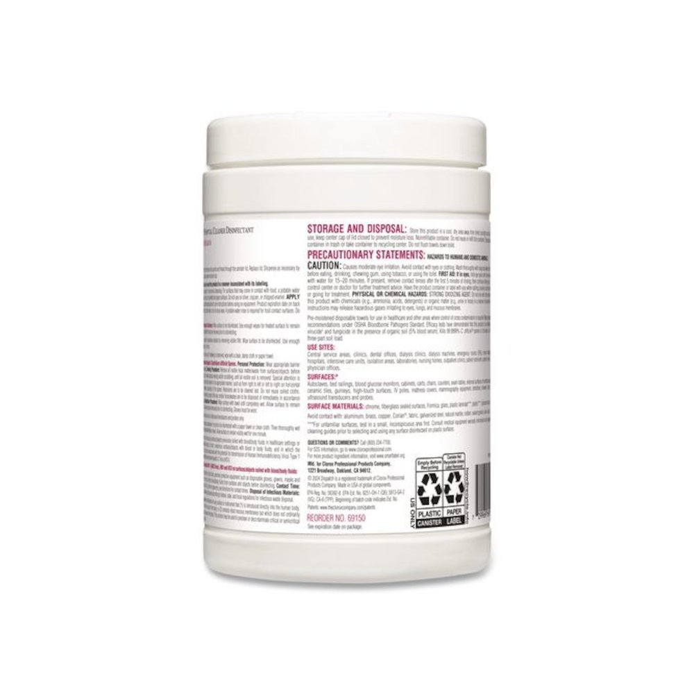 Dispatch Hospital Cleaner Disinfectant Towels w/Bleach, 1-Ply, 6.75 x 8, Unscented, White, 150/Canister, 8 Canisters/Carton. Picture 2