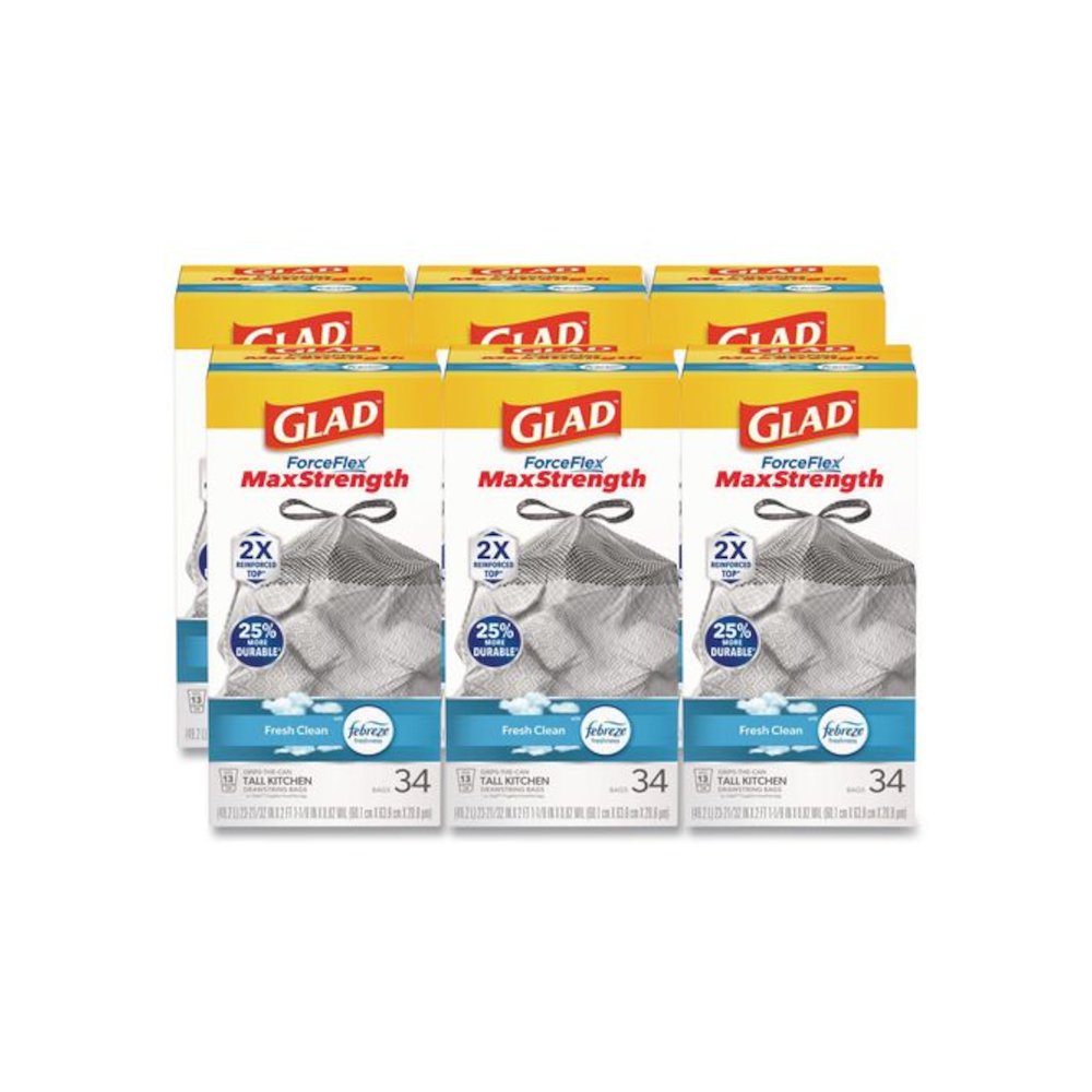 ForceFlex MaxStrength Tall Kitchen Drawstring Trash Bags, 13 gal, Fresh Clean Scent, 24 x 28, White, 34/Box, 6 Boxes/Carton. Picture 1