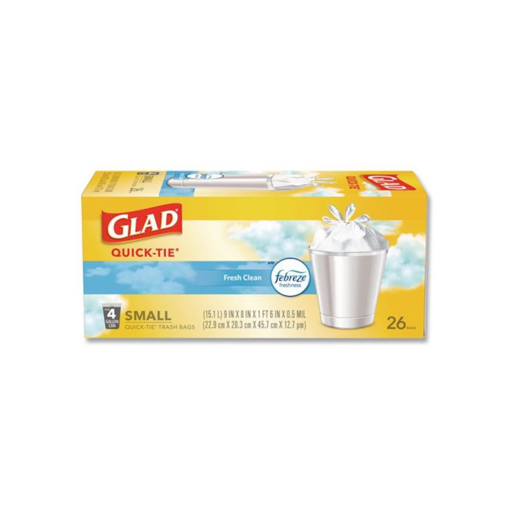 OdorShield Quick-Tie Small Trash Bags, Tie-Flap, 4 gal, Febreze Fresh Clean Scent, 8 x 18, White, 26 Bags/Box, 6 Boxes/Carton. Picture 2