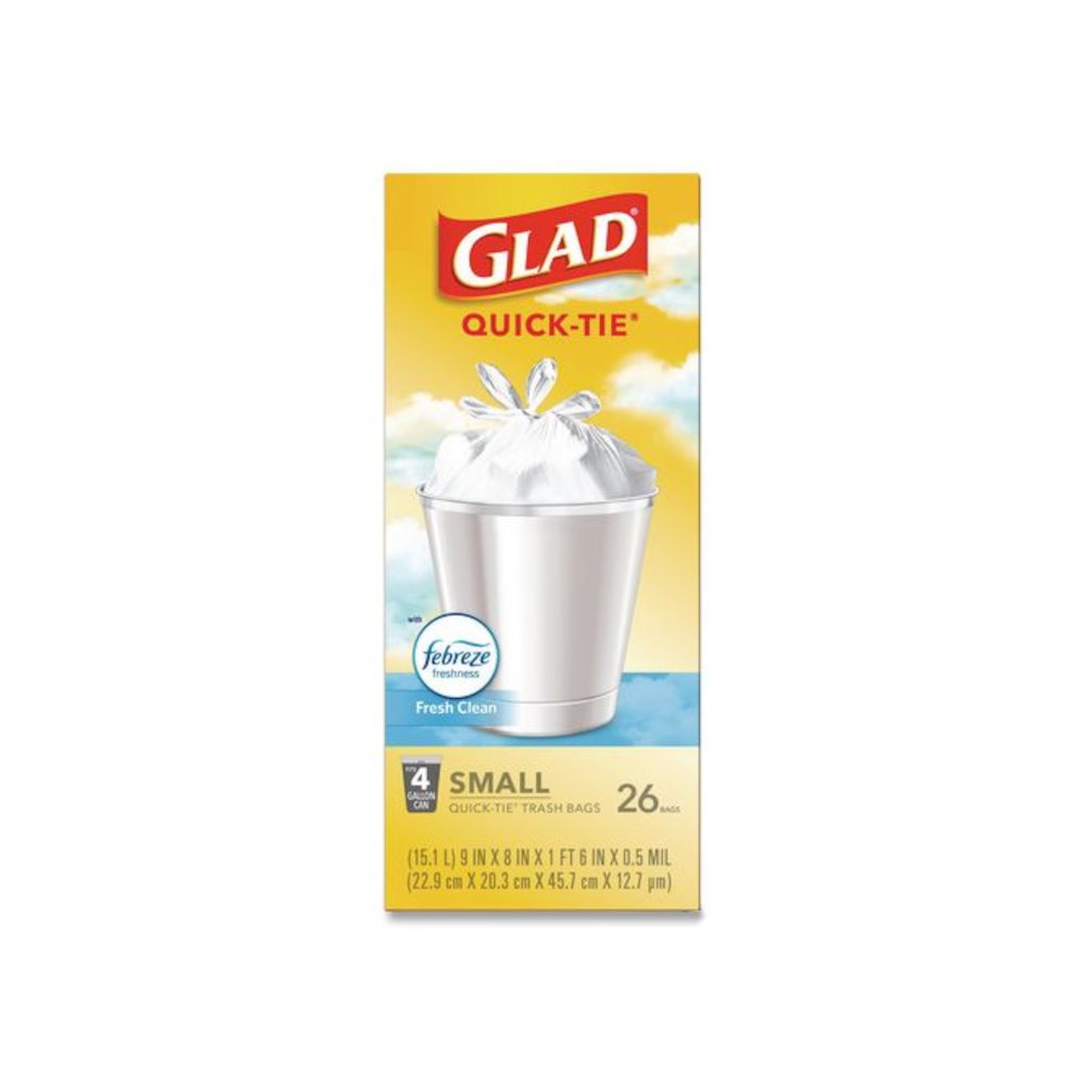 OdorShield Quick-Tie Small Trash Bags, Tie-Flap, 4 gal, Febreze Fresh Clean Scent, 8 x 18, White, 26 Bags/Box, 6 Boxes/Carton. Picture 3