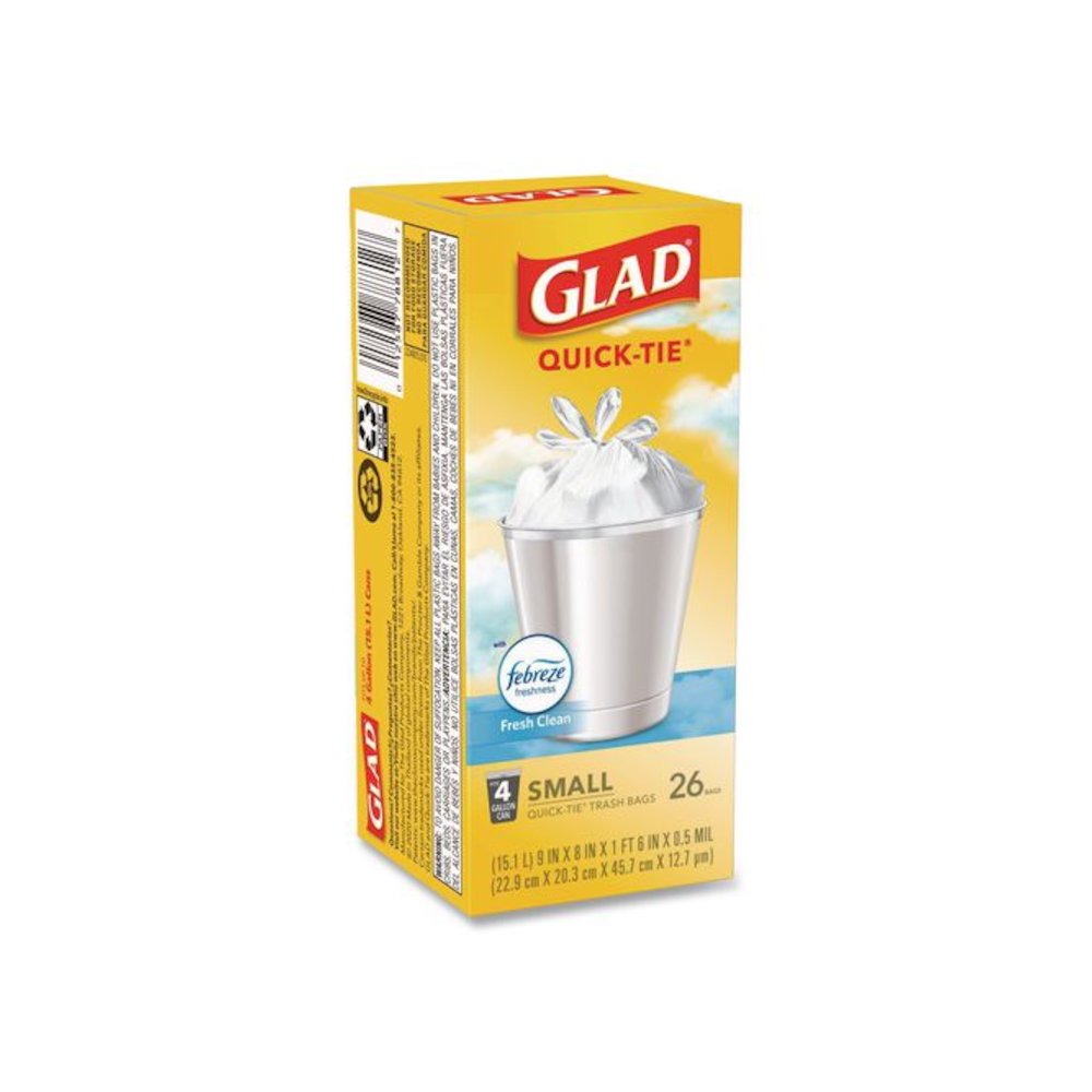 OdorShield Quick-Tie Small Trash Bags, Tie-Flap, 4 gal, Febreze Fresh Clean Scent, 8 x 18, White, 26 Bags/Box, 6 Boxes/Carton. Picture 7