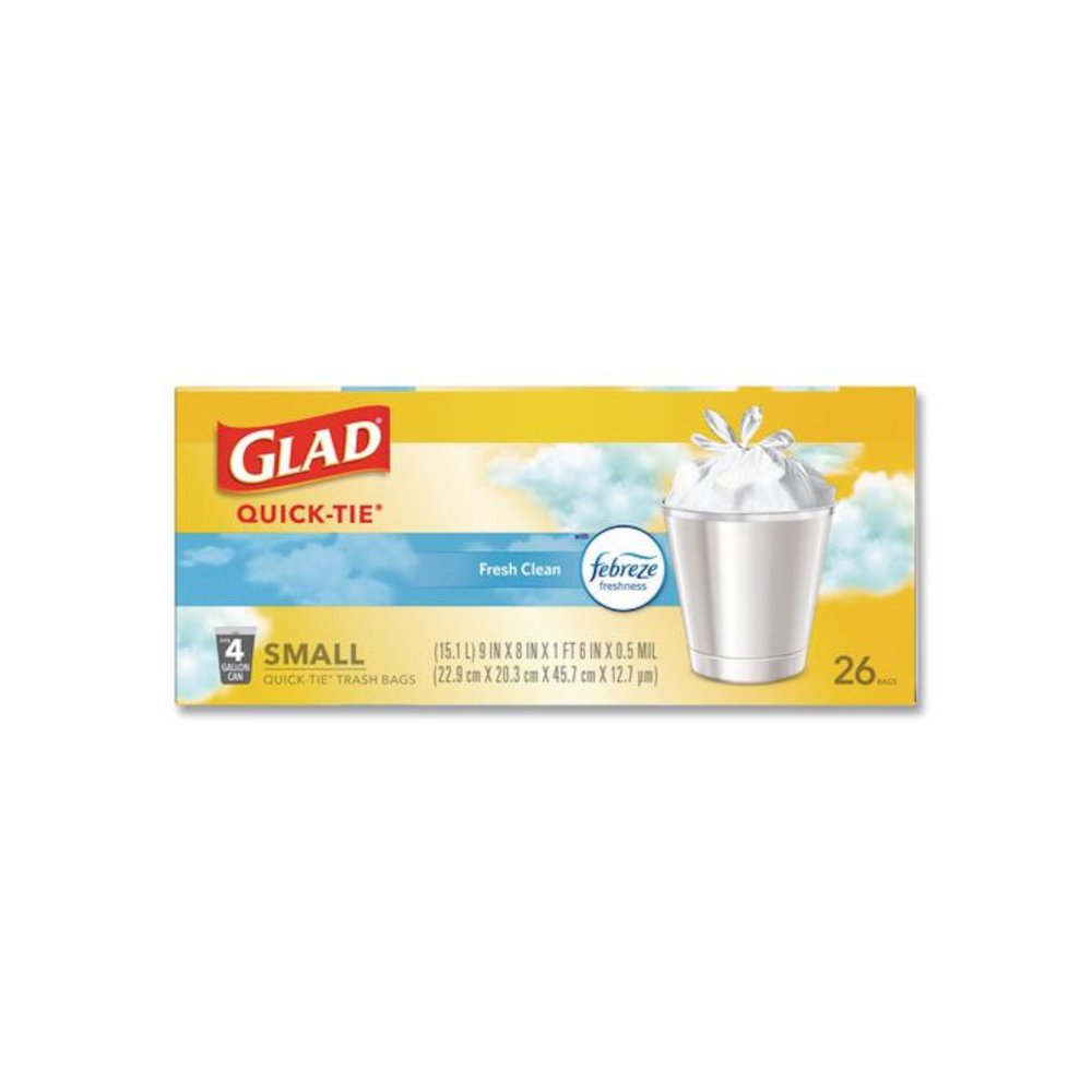 OdorShield Quick-Tie Small Trash Bags, Tie-Flap, 4 gal, Febreze Fresh Clean Scent, 8 x 18, White, 26 Bags/Box, 6 Boxes/Carton. Picture 9