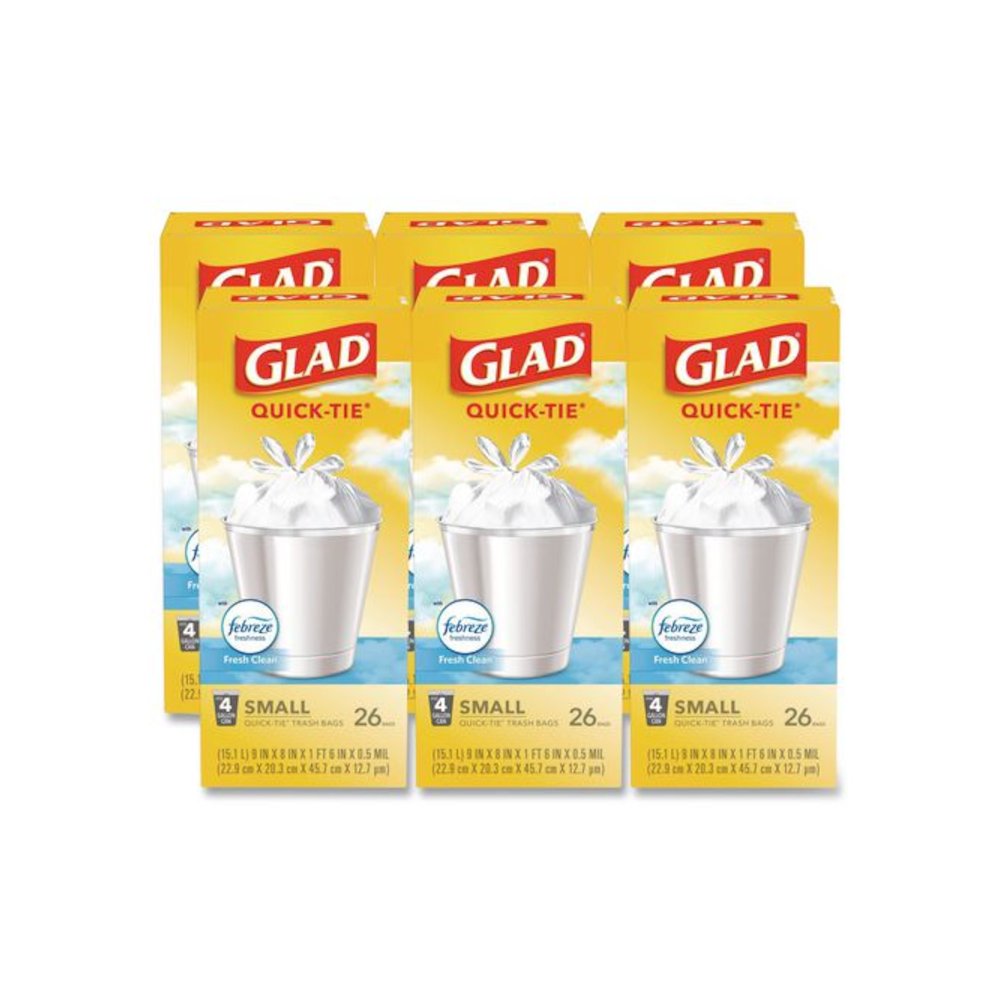 OdorShield Quick-Tie Small Trash Bags, Tie-Flap, 4 gal, Febreze Fresh Clean Scent, 8 x 18, White, 26 Bags/Box, 6 Boxes/Carton. Picture 1