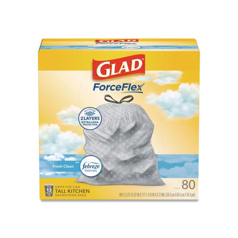 ForceFlex Kitchen Drawstring Trash Bags, 13 gal, Fresh Clean with Febreze Freshness, 24 x 27.38, White, 80/Box. Picture 1