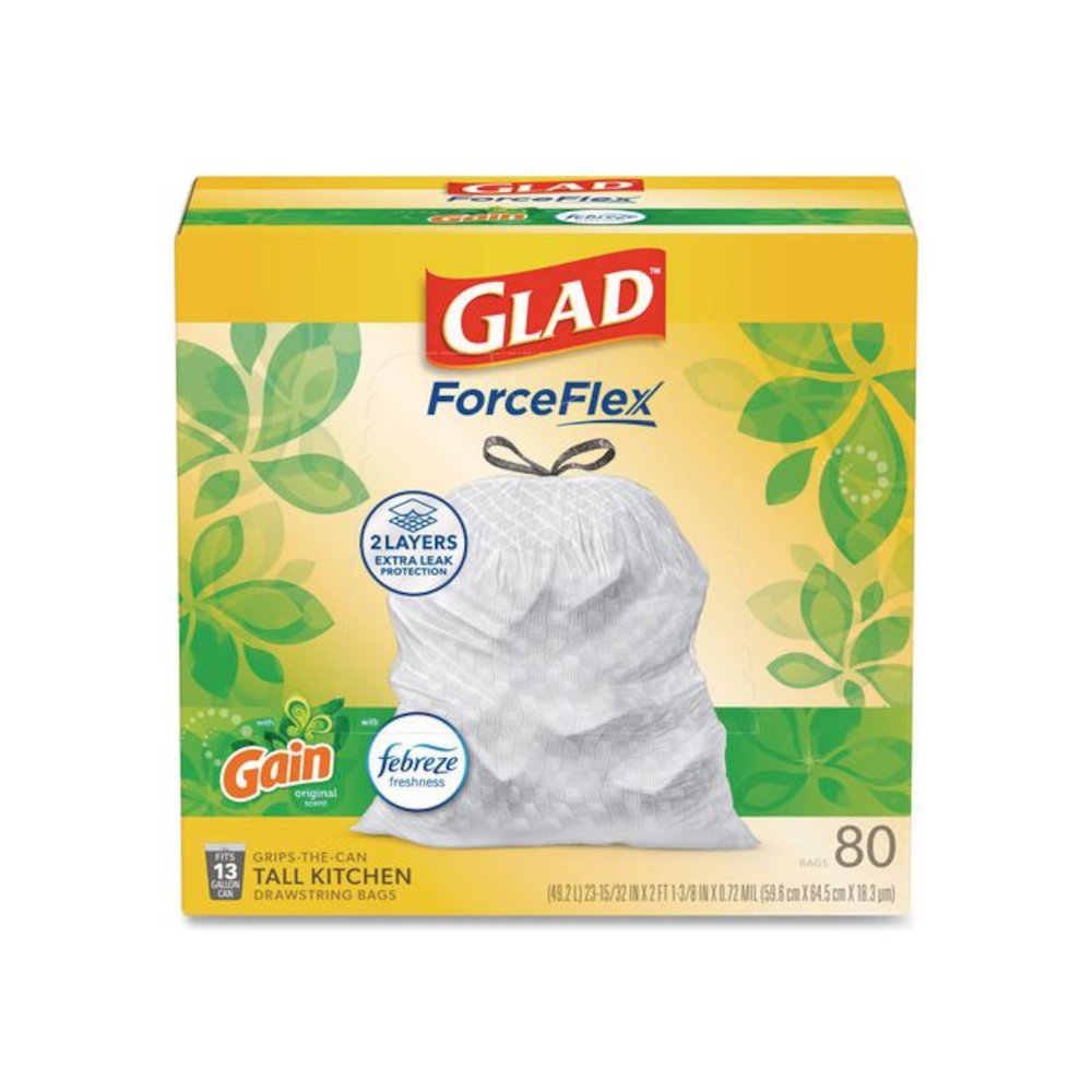 ForceFlex Kitchen Drawstring Trash Bags, 13 gal, Gain Original Scent, 24 x 27.38, White, 80/Box. Picture 1