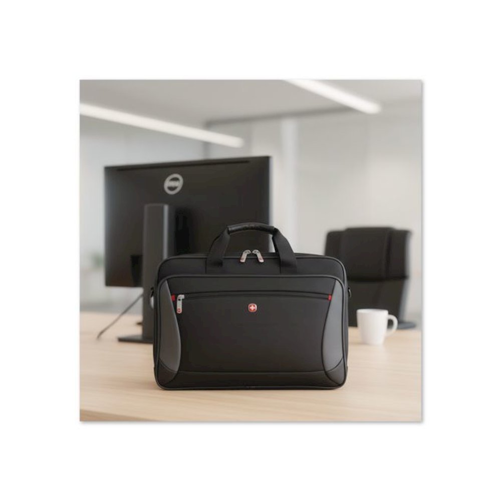 SwissGear Mainframe Laptop Briefcase, Fits Devices Up to 16", Polyester, 15.75 x 6 x 12, Black/Gray. Picture 4