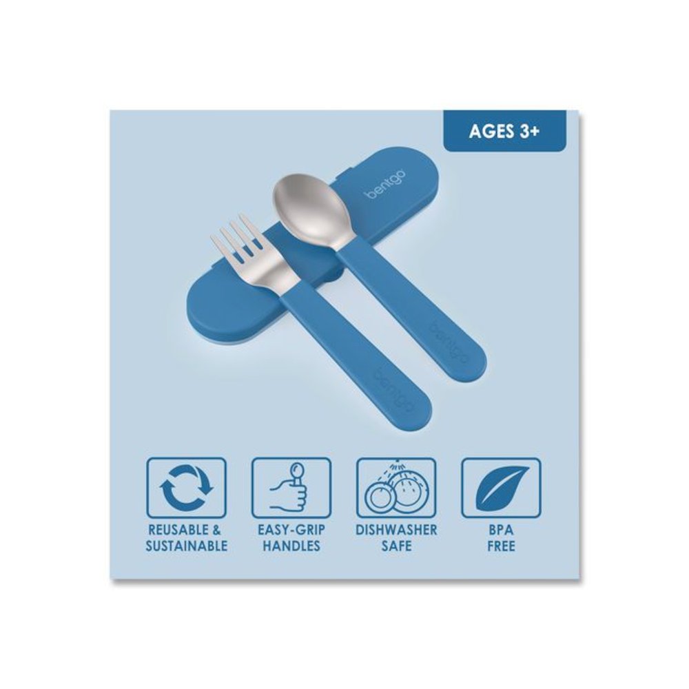Kids Stainless Steel Utensils, 5.7 Fork, 5.8 Spoon, 2 x 6 Case, Stainless Steel/Silicone, Blue. Picture 3