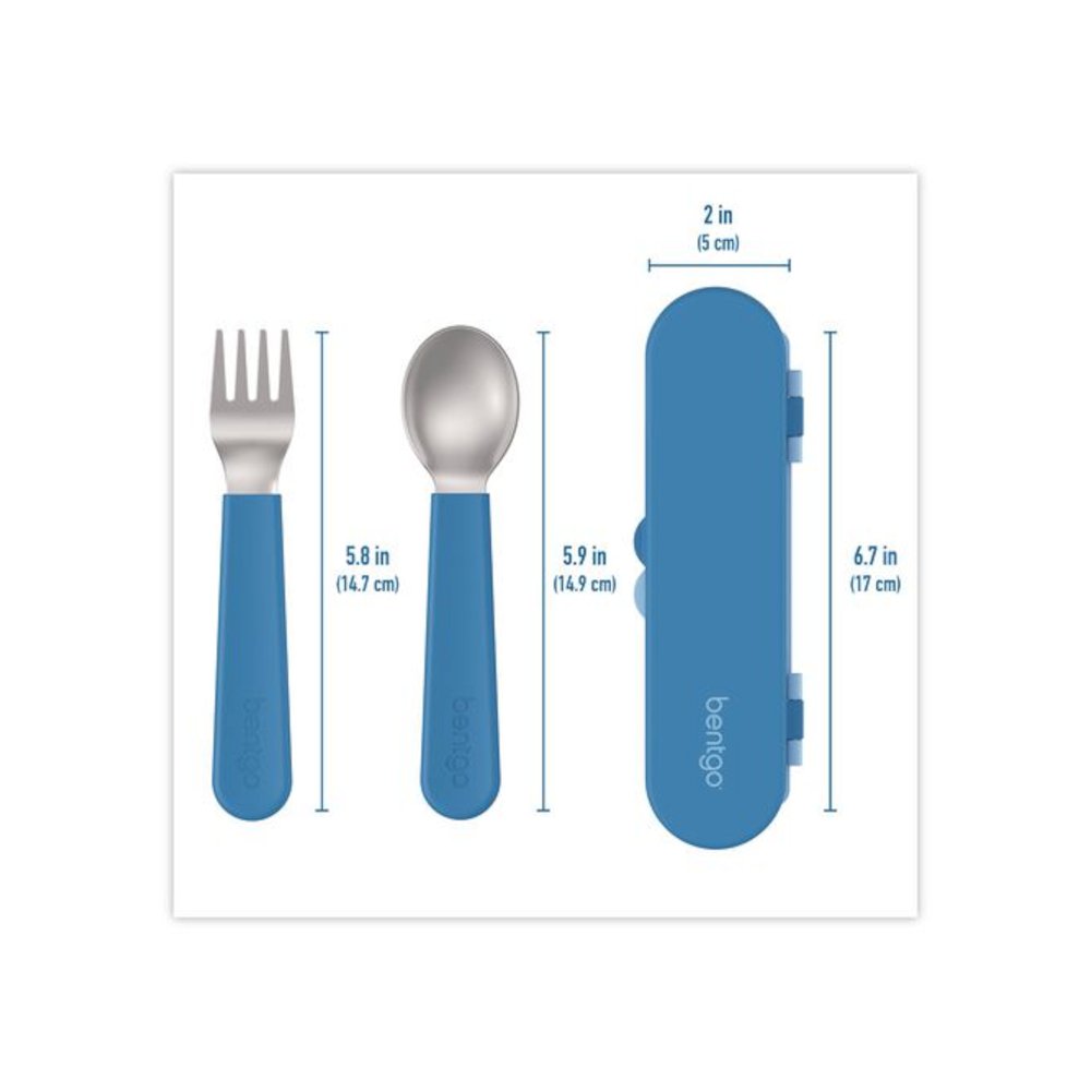 Kids Stainless Steel Utensils, 5.7 Fork, 5.8 Spoon, 2 x 6 Case, Stainless Steel/Silicone, Blue. Picture 5