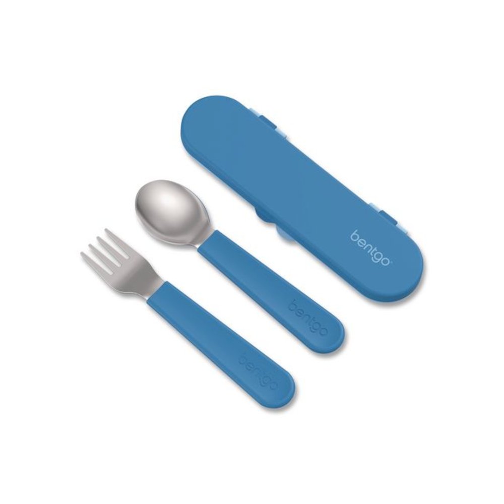 Kids Stainless Steel Utensils, 5.7 Fork, 5.8 Spoon, 2 x 6 Case, Stainless Steel/Silicone, Blue. Picture 1