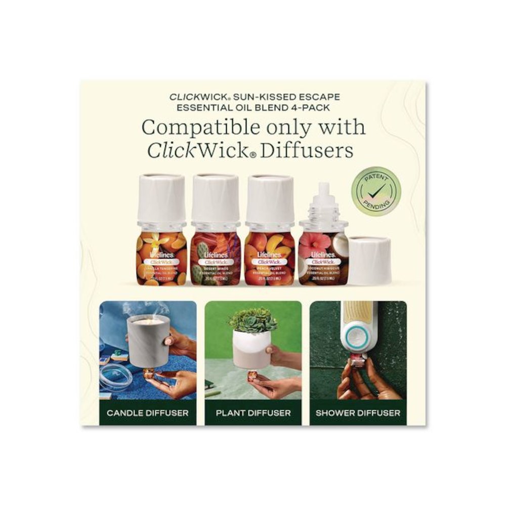 ClickWick Sunkissed Escape Essential Oil Set, Coconut Hibiscus/Desert Winds/Peach Velvet/Vanilla Tangerine, 0.25 oz Bottle. Picture 2