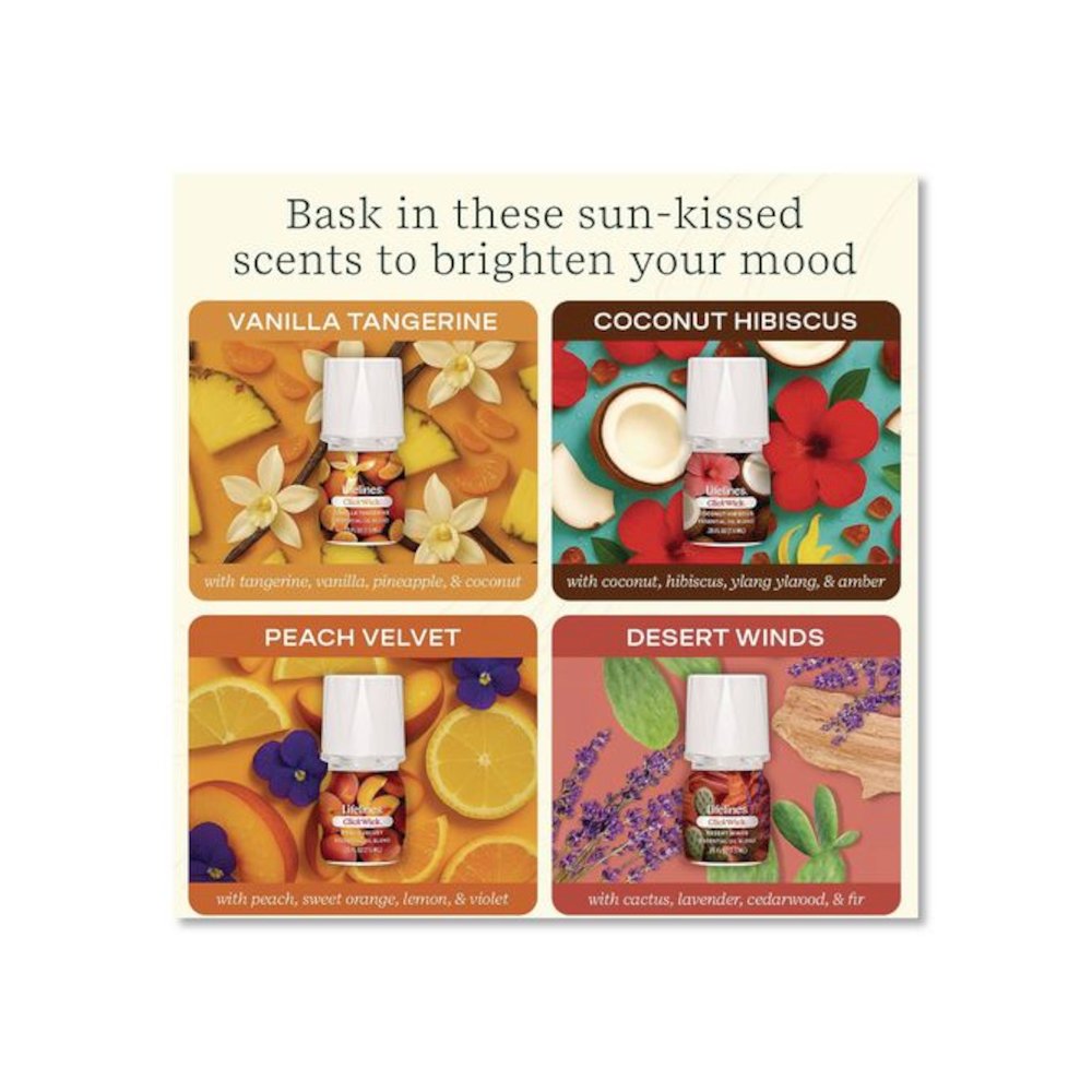 ClickWick Sunkissed Escape Essential Oil Set, Coconut Hibiscus/Desert Winds/Peach Velvet/Vanilla Tangerine, 0.25 oz Bottle. Picture 3