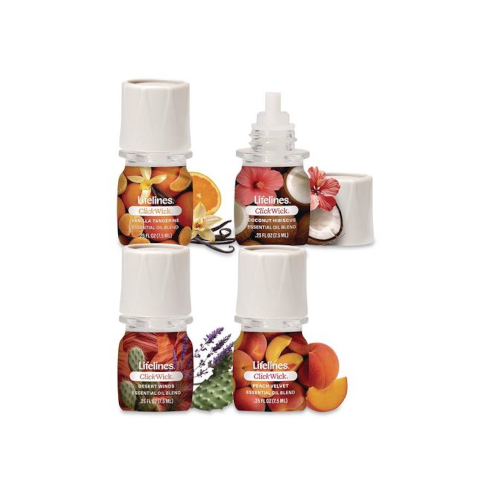 ClickWick Sunkissed Escape Essential Oil Set, Coconut Hibiscus/Desert Winds/Peach Velvet/Vanilla Tangerine, 0.25 oz Bottle. Picture 1