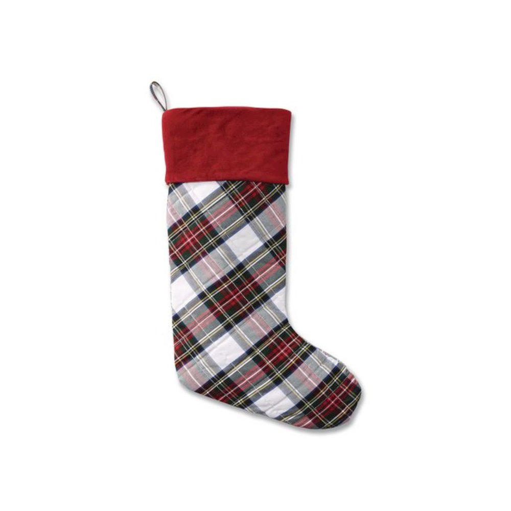 Tartan Velvet Stocking, 8.5 x 22, Cream Plaid. Picture 1