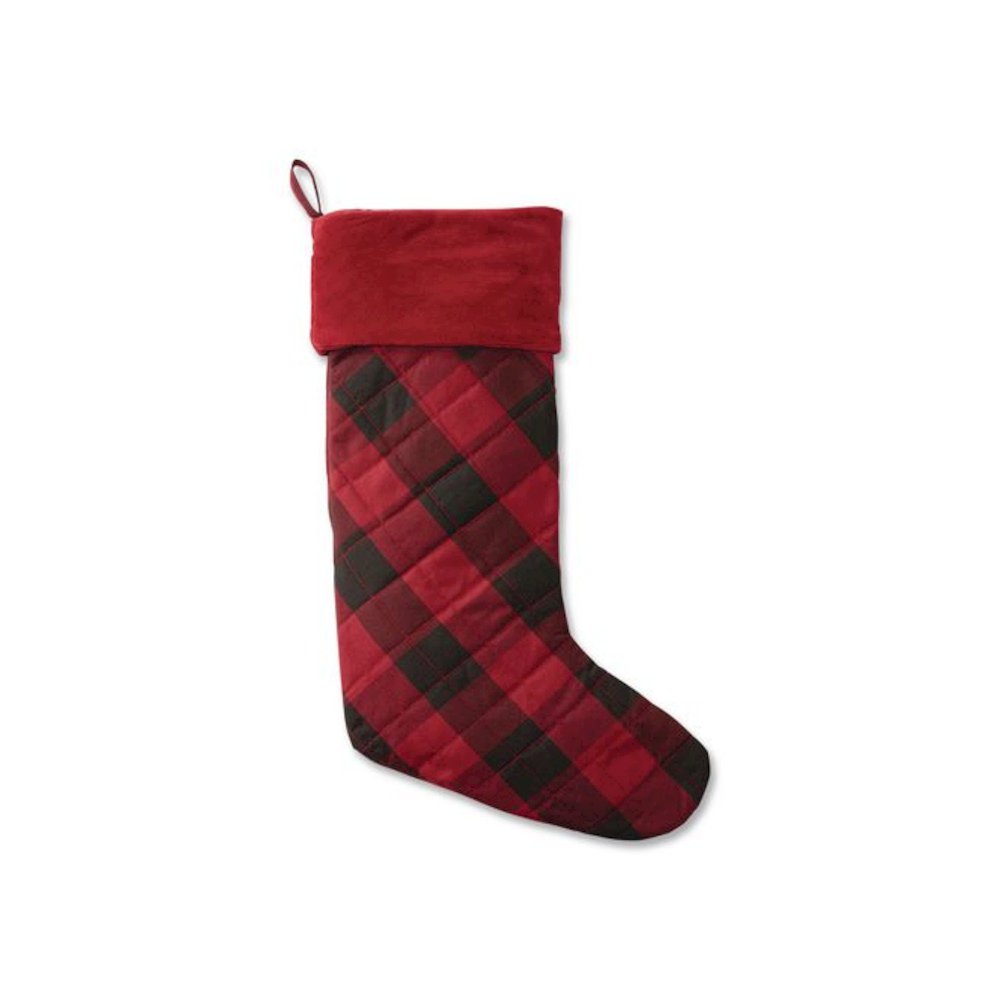 Tartan Velvet Stocking, 8.5 x 22, Red/Black Buffalo Check. Picture 1