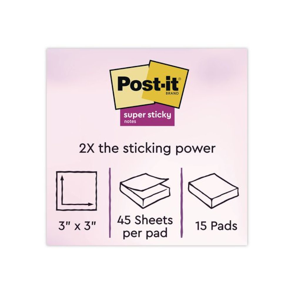 Super Sticky Notes, 3" x 3", Randomly Assorted Energy Boost and Playful Primaries Colors, 45 Sheets/Pad, 15 Pads/Pack. Picture 2