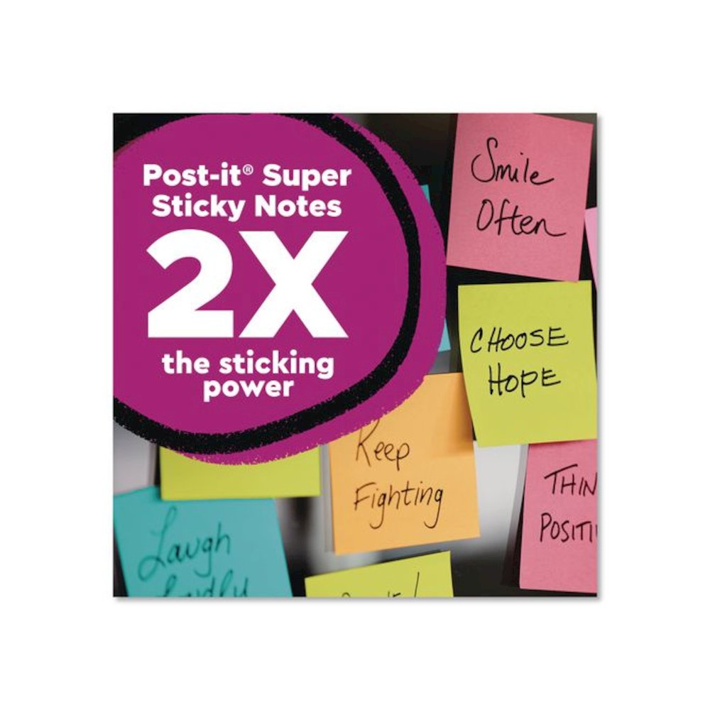 Super Sticky Notes, 3" x 3", Randomly Assorted Energy Boost and Playful Primaries Colors, 45 Sheets/Pad, 15 Pads/Pack. Picture 3